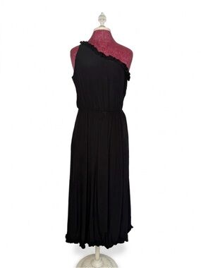 Asymmetrical One-Shoulder Black Dress with Ruffle Detail Size Medium